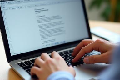 Persons hender som skriver på en bærbar datamaskin med en CV-mal på skjermen.